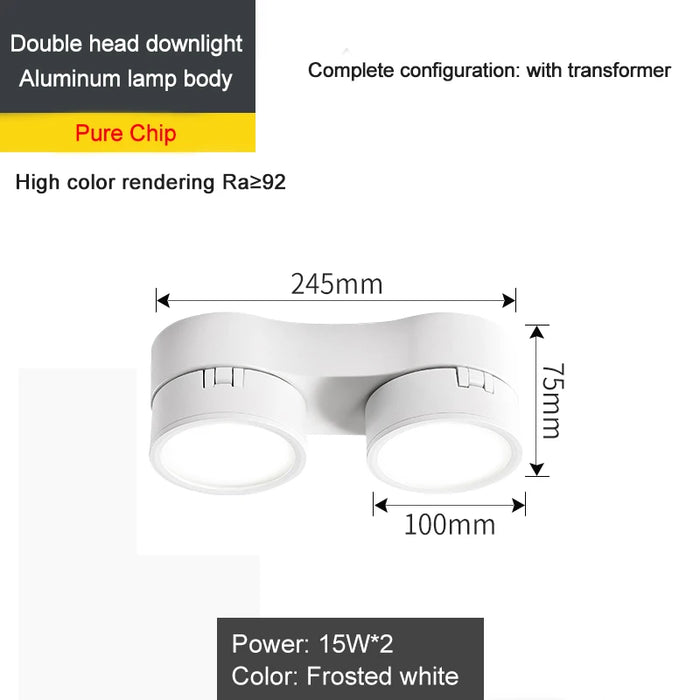 Foldable double head LED downlight with high rendering, aluminum body, 15W power, frosted white color, and transformer included.