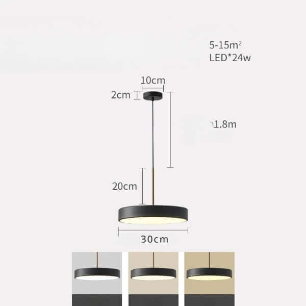 Modern LED saucer pendant light with adjustable 1.8m cord, shown in three color options, dimensions marked for home decor fit.