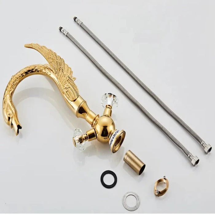 Gold Swan Basin Faucet with installation parts, solid brass deck-mounted mixer tap with elegant design.