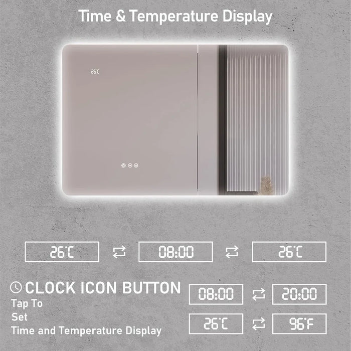 LED bathroom cabinet with time and temperature display, featuring a sleek design and user-friendly clock icon button for easy settings.