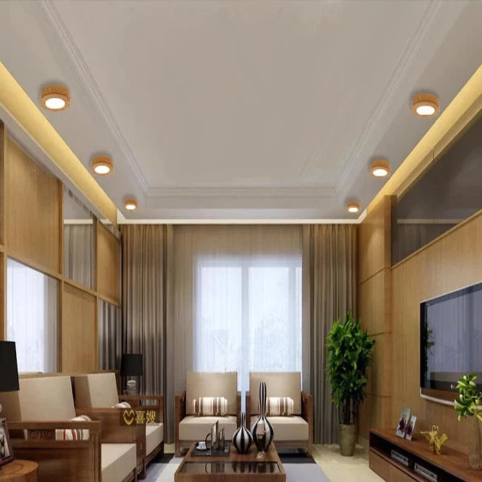 Modern living room with LED surface mounted downlights on ceiling, providing efficient illumination and stylish design.