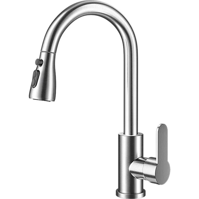 Stainless steel pull-out kitchen faucet with brushed finish and single lever control.