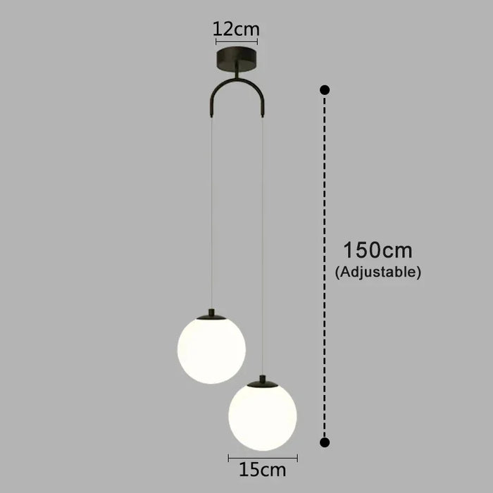 Modern round glass pendant light with adjustable double globe design, black iron finish, 150cm height, perfect for stylish interiors.