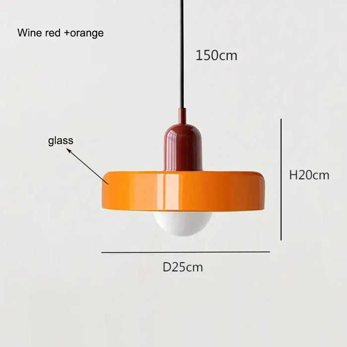 Retro glass pendant light in wine red and orange with dimensions labeled, showcasing vintage style and elegance.