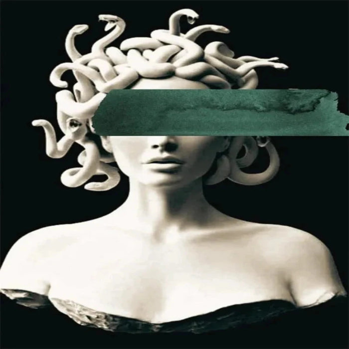 Emerald Medusa canvas art print in Greek mythology decor with bold design and rich colors.