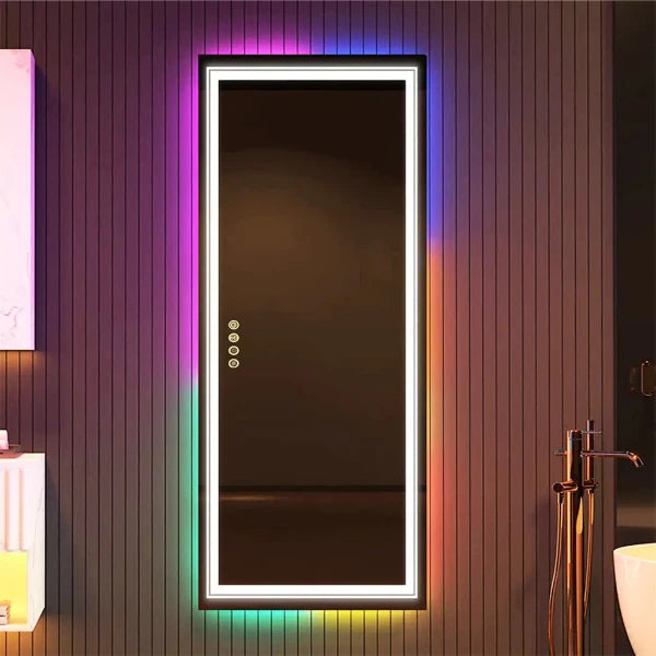 RGB full-body bathroom mirror with dimmable LED lights and anti-fog functionality, featuring vibrant backlit colors.