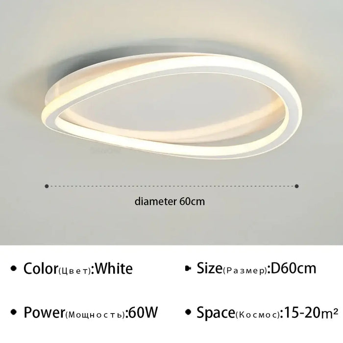 Modern LED ceiling flush mount lamp, 60W, white, 60cm diameter, suitable for 15-20m² spaces.