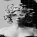 Black and white Medusa art print with snake hair and geometric background elements.