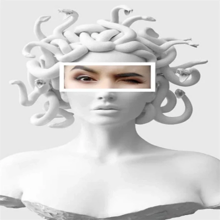 Modern Medusa artwork featuring snakes as hair and a focused eye, inspired by Greek mythology.