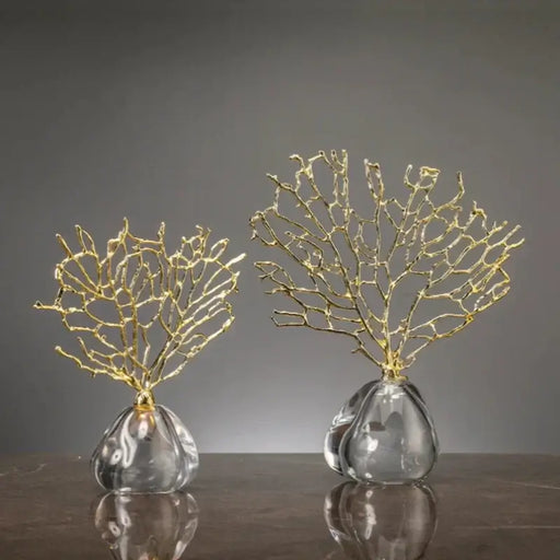 Golden Coral Reef Ornaments on crystal bases with a radiant gold finish, showcasing intricate coral designs for elegant home decor.