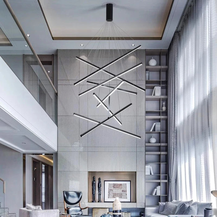 Modern smart chandelier in a contemporary living room, featuring sleek design and adjustable dimmable lighting options.