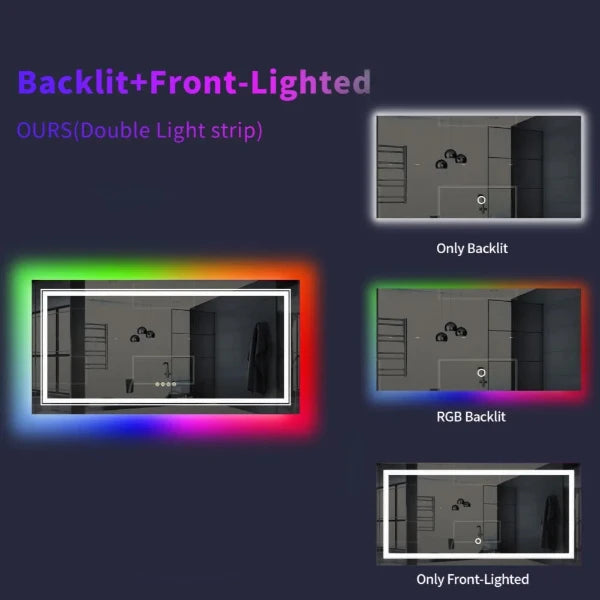 RGB full-body bathroom mirror with dimmable LED, featuring backlit and front-lit options for vibrant and practical lighting.