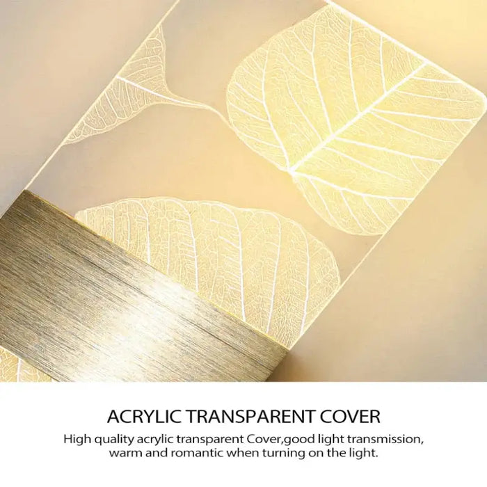 "Close-up of modern LED wall lamp with acrylic transparent cover featuring a leaf design, highlighting light transmission"