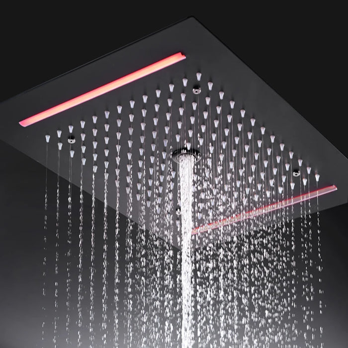 Luxe LED rainfall shower head with red lights in black finish, showcasing modern design and smart technology for a premium bathroom experience.