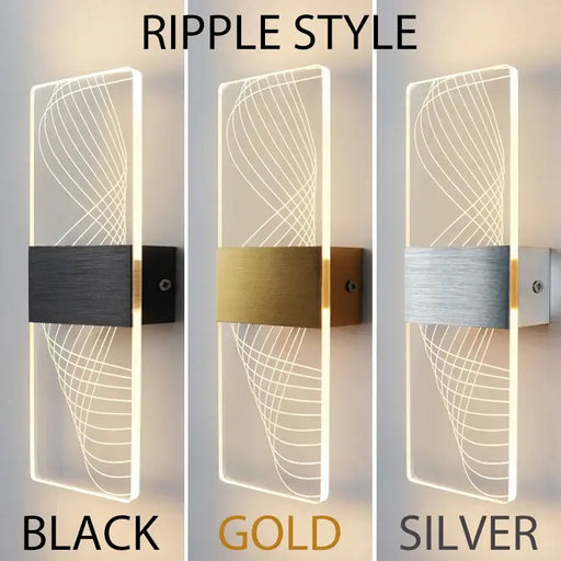 Modern LED Fantasy Wall Lamp in Ripple Style with Black, Gold, and Silver finishes. Nordic design for versatile home lighting.