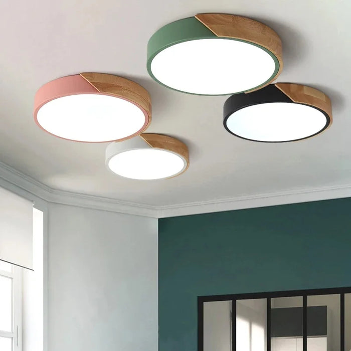 Modern round wooden LED ceiling lights with frosted finish in various colors, ideal for rooms 5-10 sqm, AC-powered.