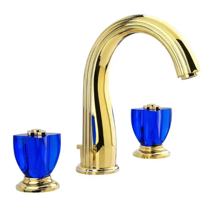 Luxury gold widespread basin faucet with dual blue crystal handles, brass mixer, and sleek modern design.