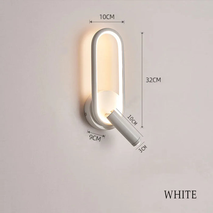 Rotatable LED headboard reading lamp in white with dimensions labeled, modern design suitable for bedrooms or studies.