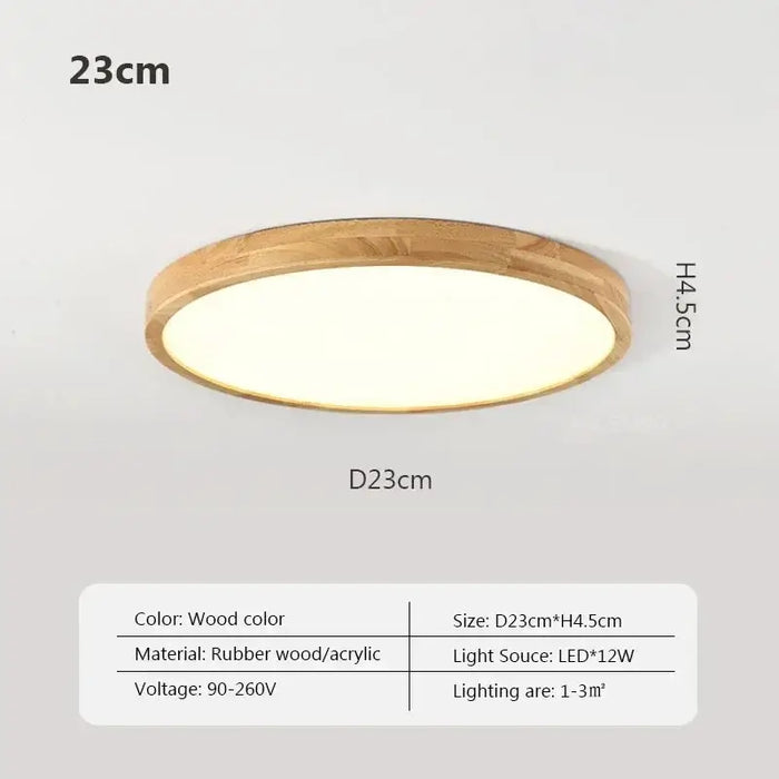 Ultra-Thin LED Nordic Wooden Ceiling Light with wood finish and acrylic shade, dimensions 23cm x 4.5cm, 12W LED.