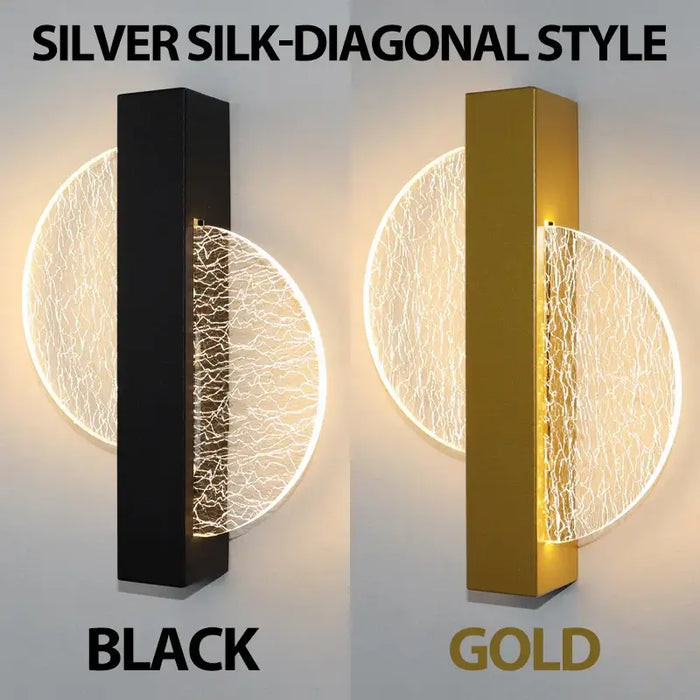 Modern silver silk-diagonal LED wall lamps in black and gold, featuring circular acrylic designs for elegant interior decor.