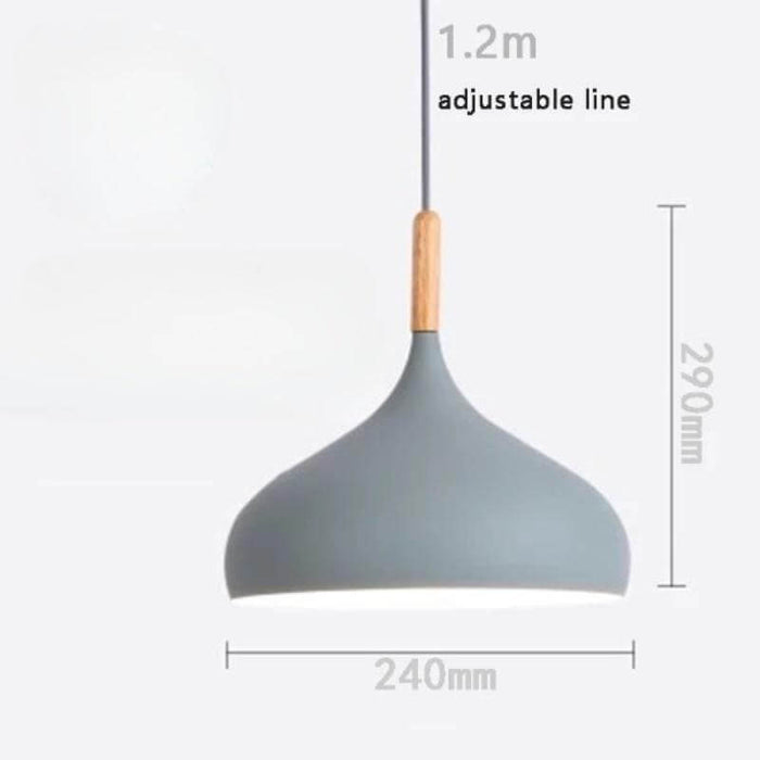 Nordic Teardrop Wood Pendant Light with adjustable line and dimensions, featuring modern Scandinavian design and aluminum shade.