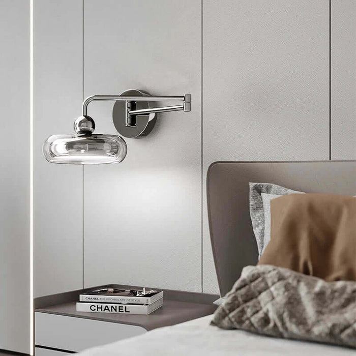 Italian Minimalist Swing Arm Wall Lamp in modern bedroom setting with sleek design and adjustable lighting direction.