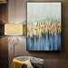 Abstract blue ocean oil painting on linen canvas in modern living room setting with lamp and zebra chair.