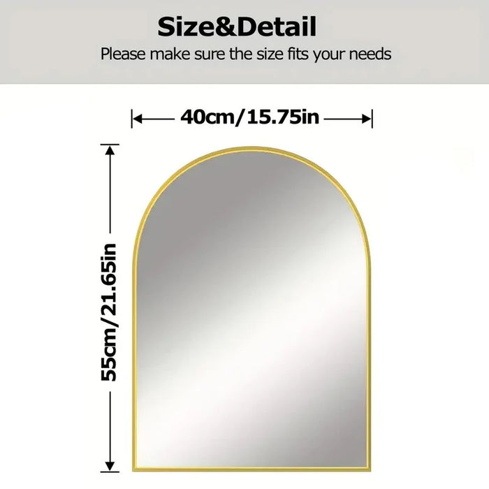 Gold-framed large arch mirror with dimensions 40cm x 55cm, featuring a sleek modern design for any room.