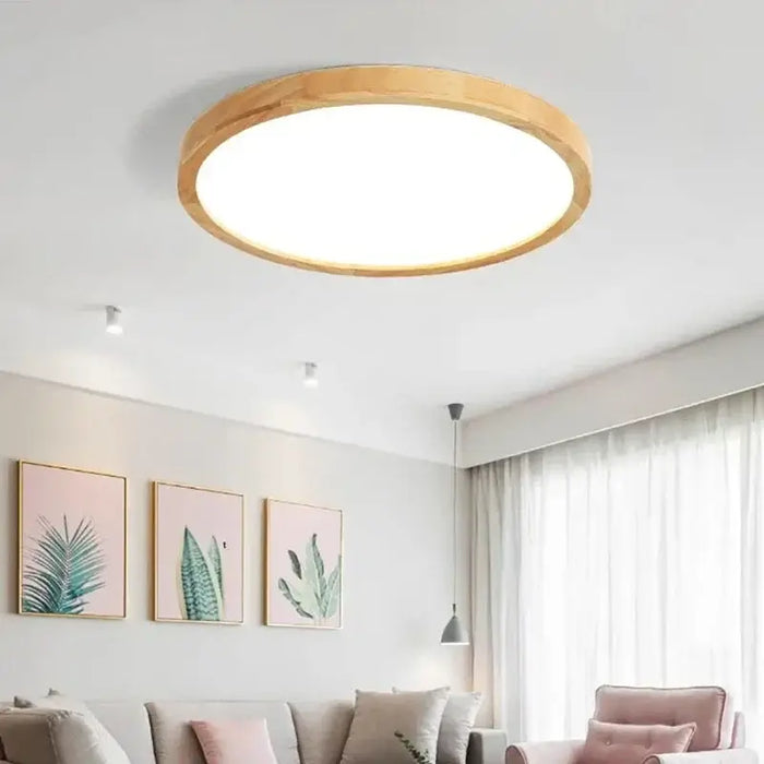 Modern Nordic ultra-thin LED wooden ceiling light in a stylish living room setting.