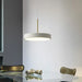 Modern LED saucer pendant light above dining table in contemporary interior space.