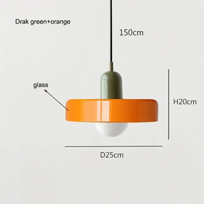 Retro glass pendant light in dark green and orange with dimensions of 25cm diameter and 20cm height.