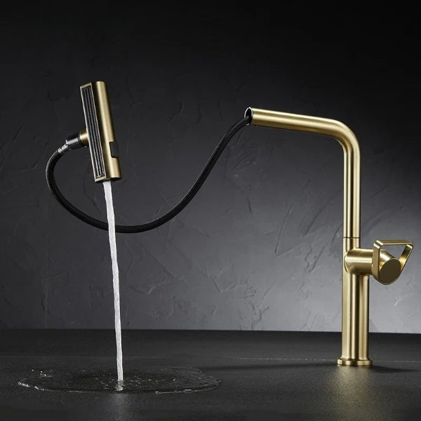 Brushed gold pull-out kitchen faucet with Raindance waterfall feature and retractable spout in modern design.