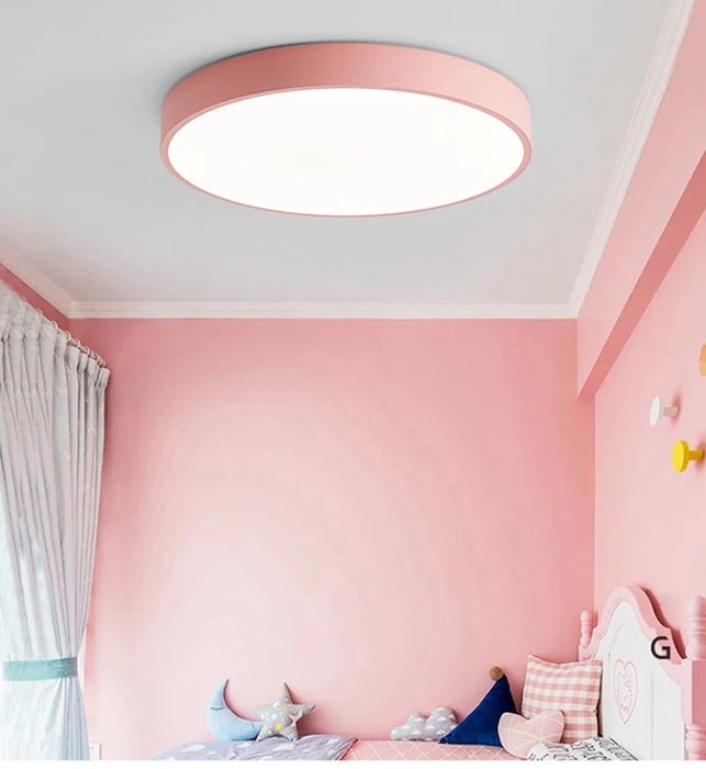 Modern round wooden LED ceiling light with frosted finish in a pink room, ideal for 5-10 sqm areas, CE and RoHS compliant.