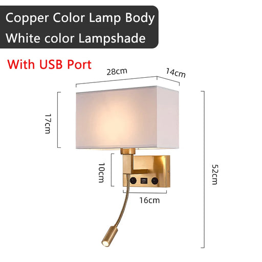 Copper wall lamp with white lampshade, USB port, and spotlight. Measurements: 28cm width, 52cm height, and 16cm depth.