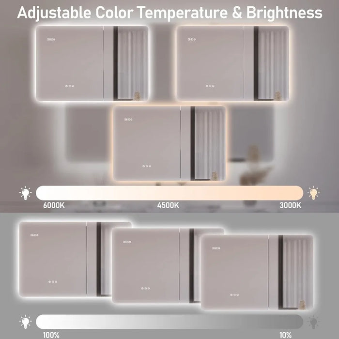 LED bathroom cabinet showing adjustable color temperature and brightness levels from 3000K to 6000K and 10% to 100%.