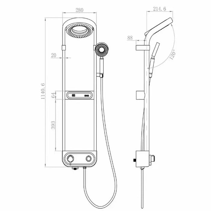 Technical drawing of high-end shower set with round LED display, brass mixer, and handheld attachment for luxurious spa-like showers.