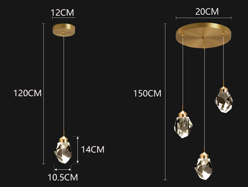 Crystal Dropping Stones Chandelier with dimensions, featuring elegant gold accents and cascading crystal stones for luxurious lighting.