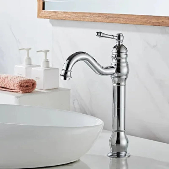 Antique long neck basin faucet in brass finish, mounted on a deck, featuring a single handle and luxury design for modern bathrooms.