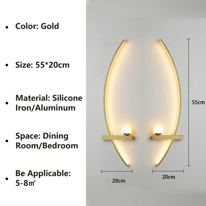 Gold elegant line wall light, 55x20cm, silicone iron/aluminum, ideal for dining room or bedroom, covers 5-8m² space.