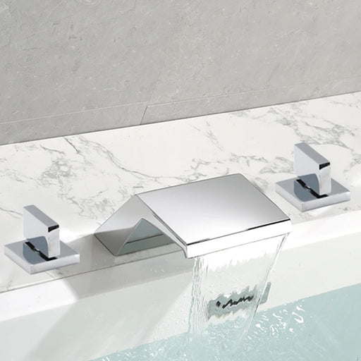 Chrome dual-handle bathtub and basin mixer tap with elegant waterfall design, featuring separate hot and cold water controls.