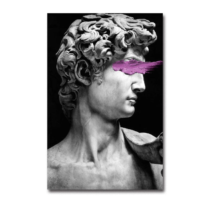 Michelangelo's David sculpture canvas with pink graffiti, modern art piece for home decor, minimalist design.