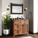 Rustic barn door mirror in a farmhouse-inspired bathroom with wooden vanity and modern lighting fixtures.