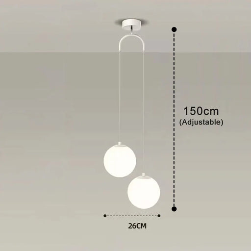 Modern round glass pendant light with adjustable height, dual LED globes, ideal for bedroom or living room decoration.