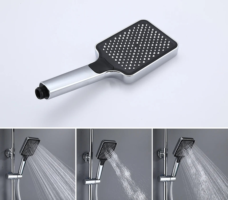 Luxury 4-function rainfall shower head with various water flow settings, showcasing modern design and versatile functionality.