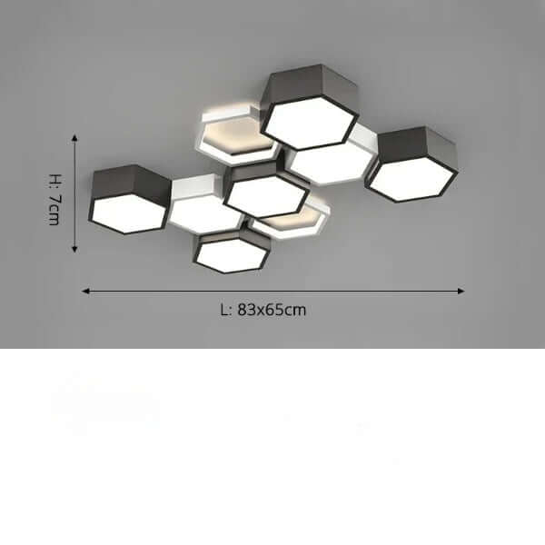 Hexagon ultrathin LED ceiling light with modern geometric design, measuring 83x65cm and 7cm in height.