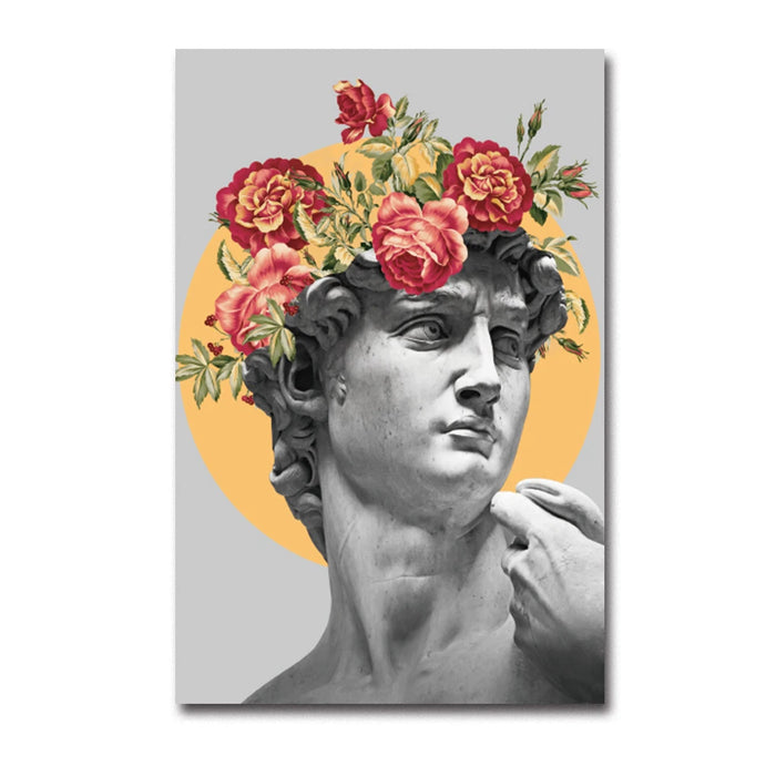 Michelangelo's David sculpture canvas with vibrant graffiti art flowers, modern decor piece blending classical beauty and urban style.