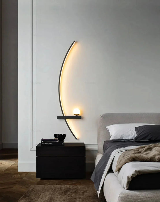 Elegant line wall light in modern bedroom, showcasing sleek LED design and adjustable brightness for stylish ambiance.