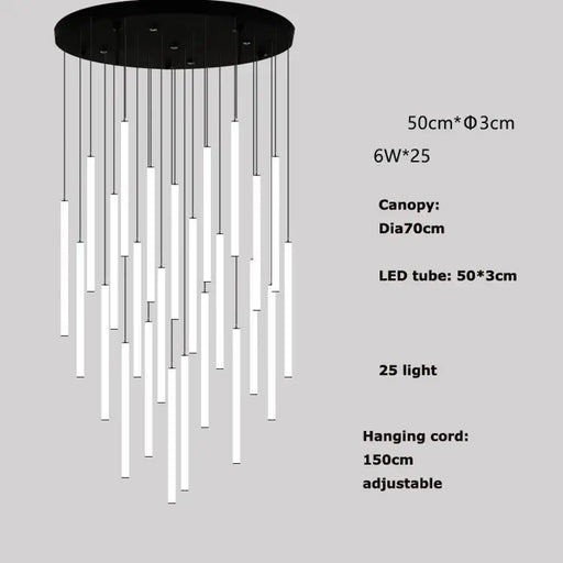 Modern LED tube ceiling chandelier with 25 adjustable lights, ideal for high-ceiling rooms. Canopy Dia70cm. Hanging cord 150cm.