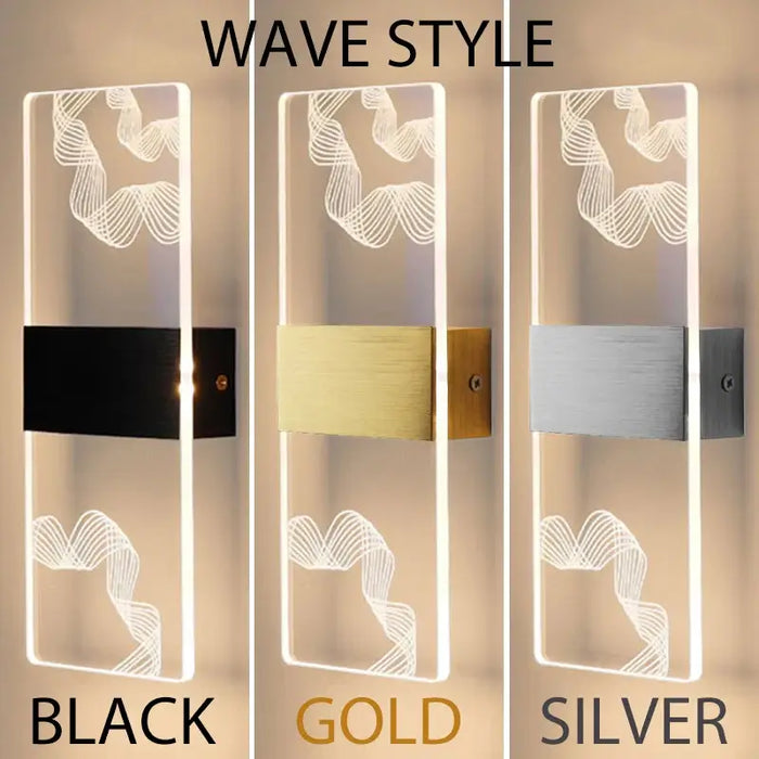 Modern LED fantasy wall lamps in black, gold, and silver with wave design, ideal for stylish home interiors.