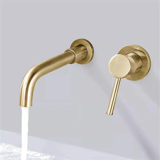 Minimalist wall-mount brass basin faucet set with sleek design and single-handle control for contemporary bathrooms.